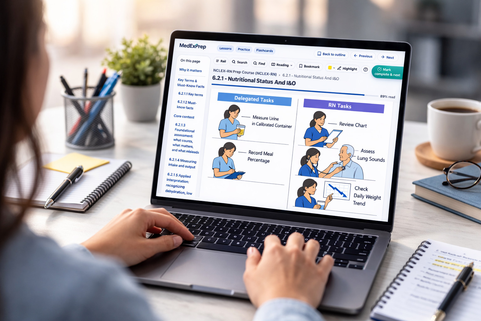 Student studying an illustrated NCLEX lesson on Regulated Science Institute