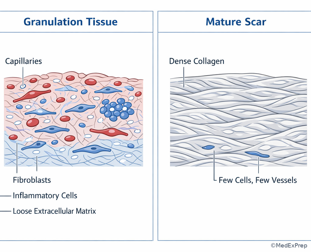 Microscopic view of granulation tissue versus mature scar