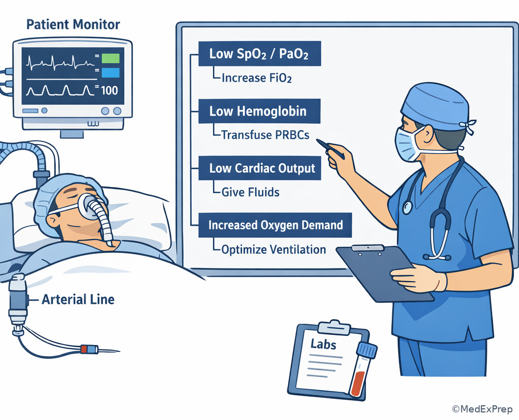 Operating room decision illustration for oxygen transport failure