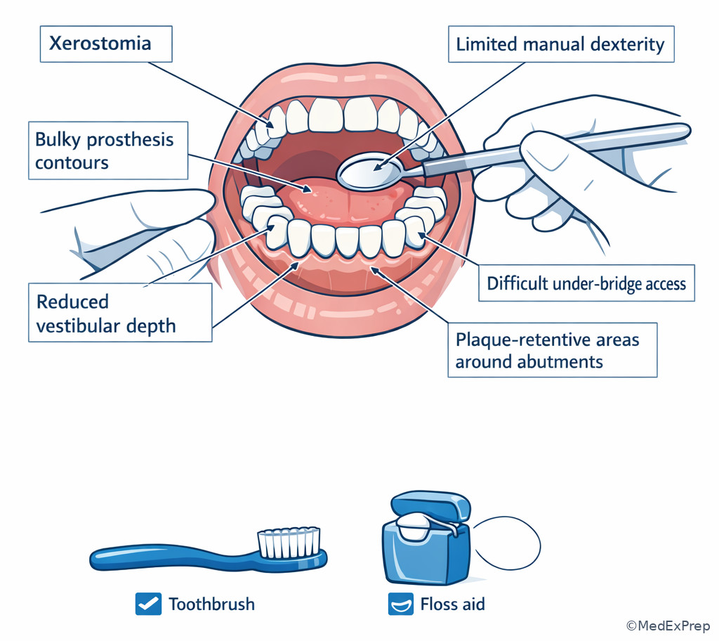 Labeled diagram of prosthodontic maintenance barriers