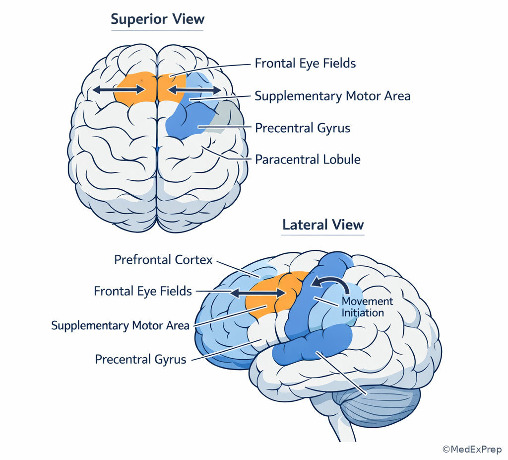 Frontal eye fields and supplementary motor area illustration