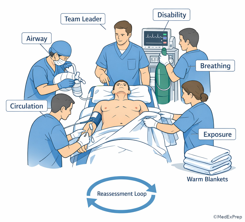 Labeled emergency department team primary survey scene