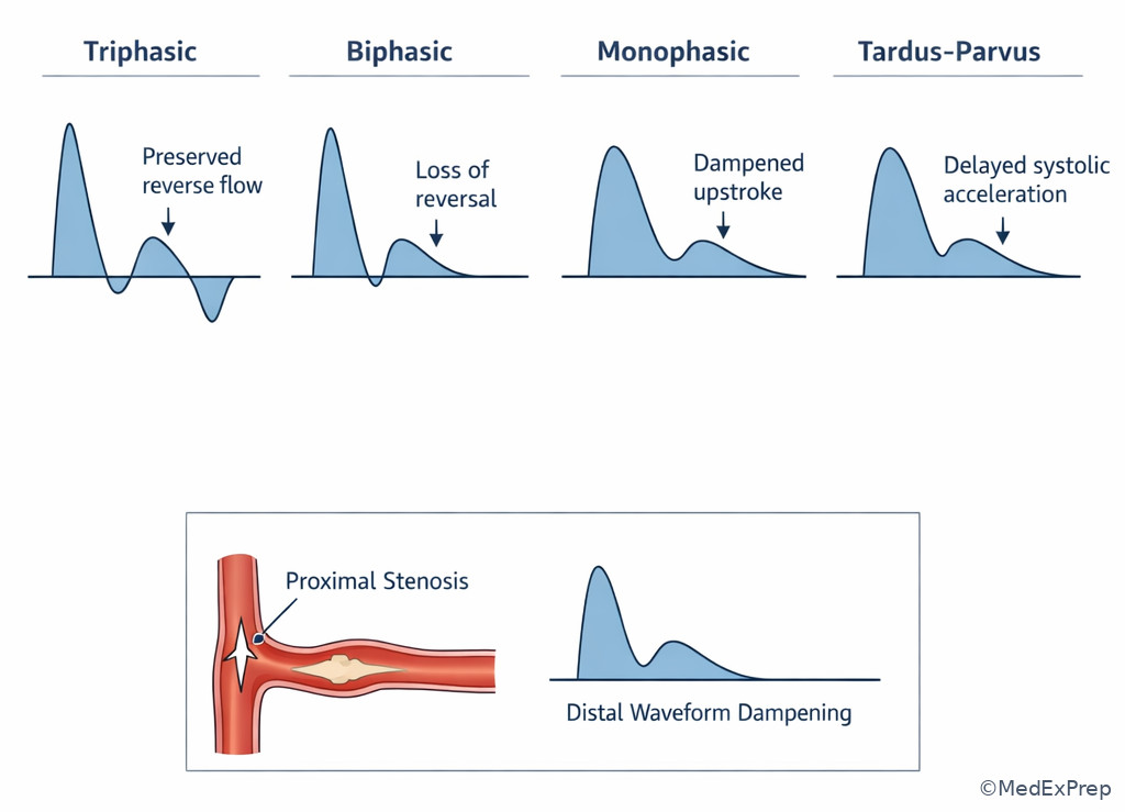 Fig 5. Peripheral arterial waveform patterns for exam interpretation
