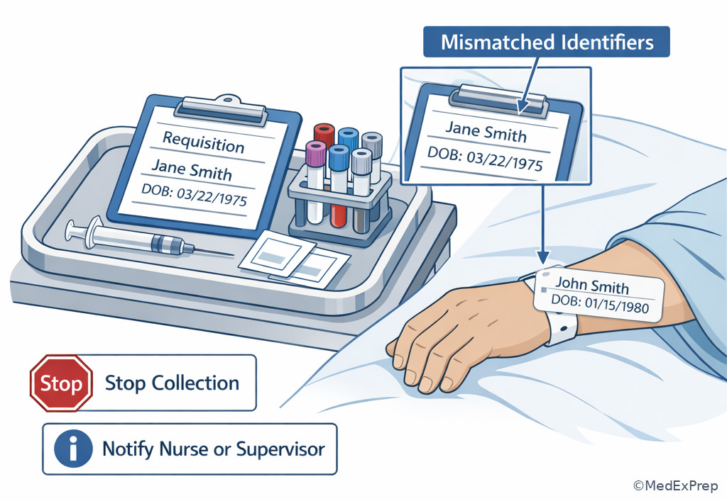 Phlebotomy stop-point illustration with mismatch between wristband and requisition