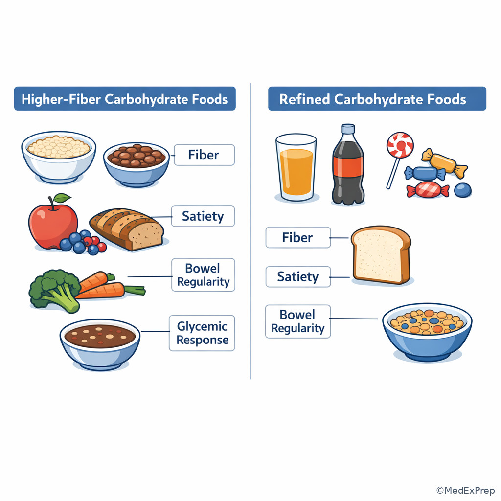 Fiber-rich foods versus refined carbohydrate foods comparison board