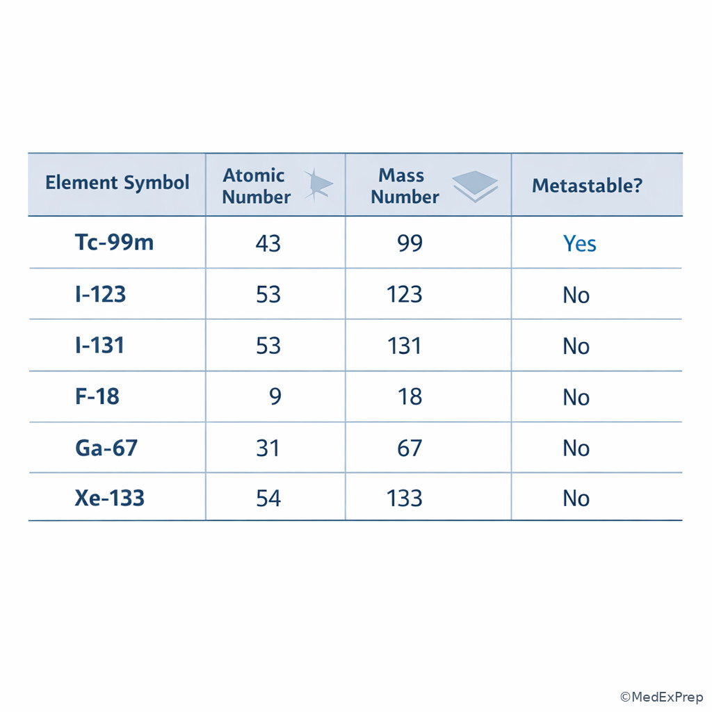 Labeled comparison of common nuclear medicine radionuclides by element and mass number