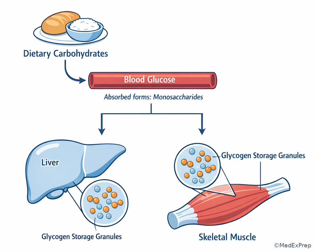 Glycogen storage in liver and muscle illustration