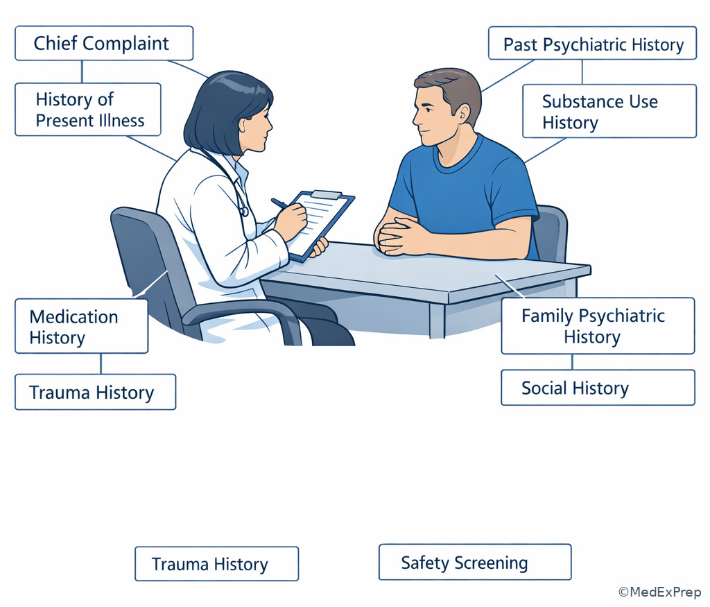 Fig 2. Components of a focused psychiatric interview