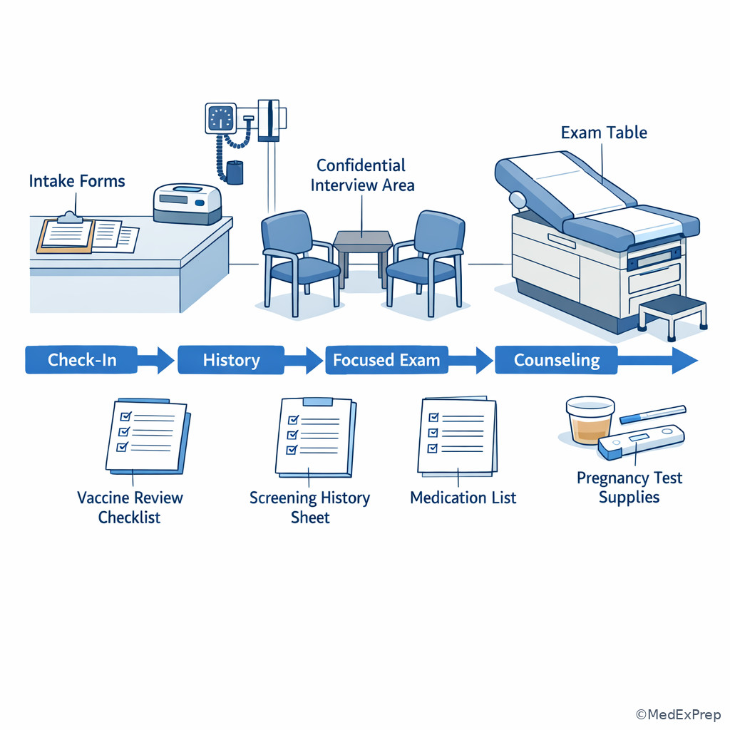 Preventive visit room setup and workflow