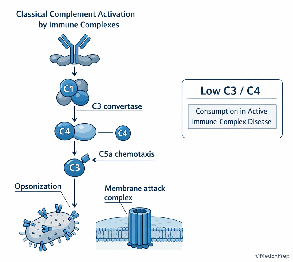 Complement cascade and immune-complex consumption overview