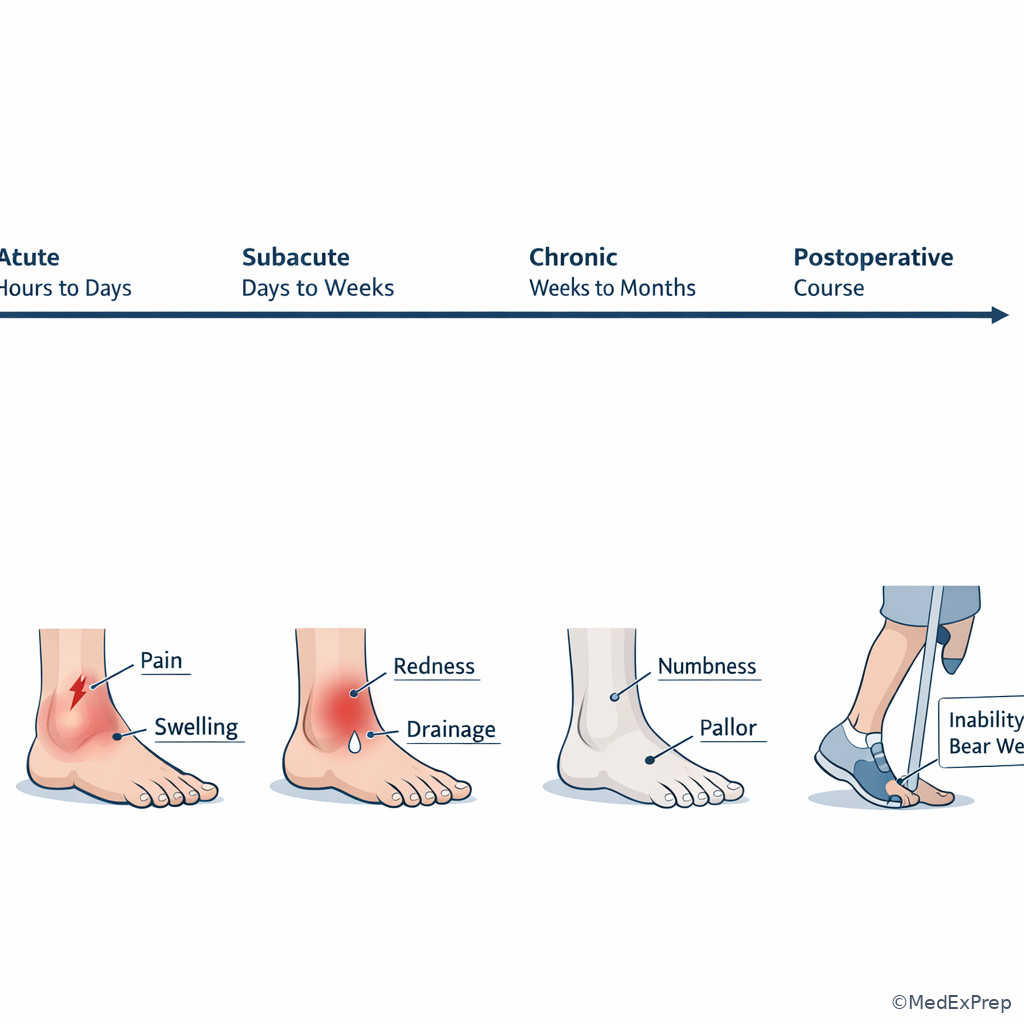 Foot complaint timeline infographic with acute, subacute, chronic, and postoperative patterns