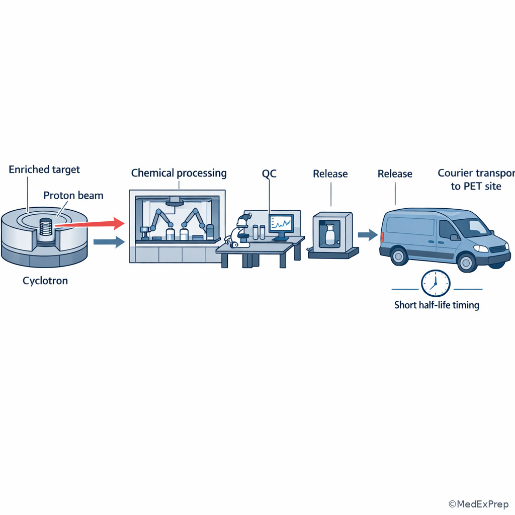Cyclotron target and processing illustration