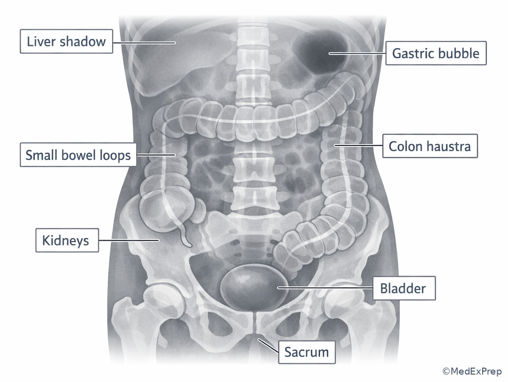 Normal frontal abdominal radiograph landmarks