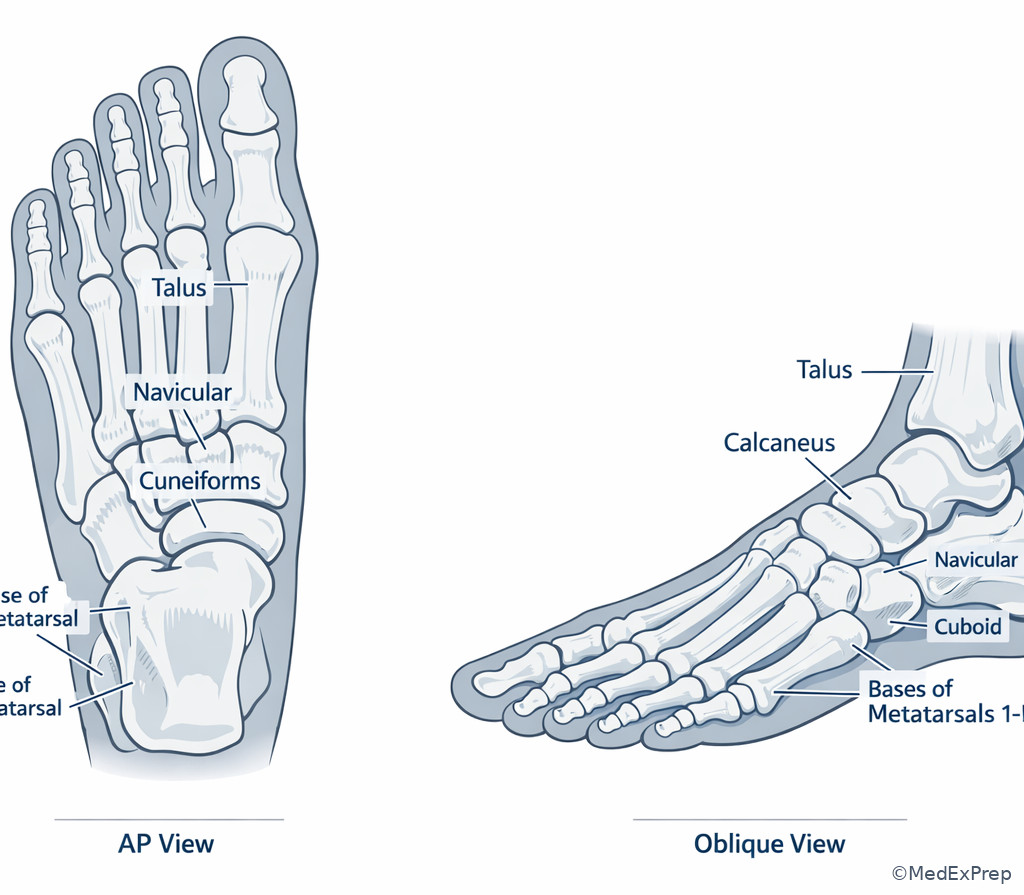 AP and oblique foot radiograph-style anatomy illustration with labeled tarsals and metatarsals