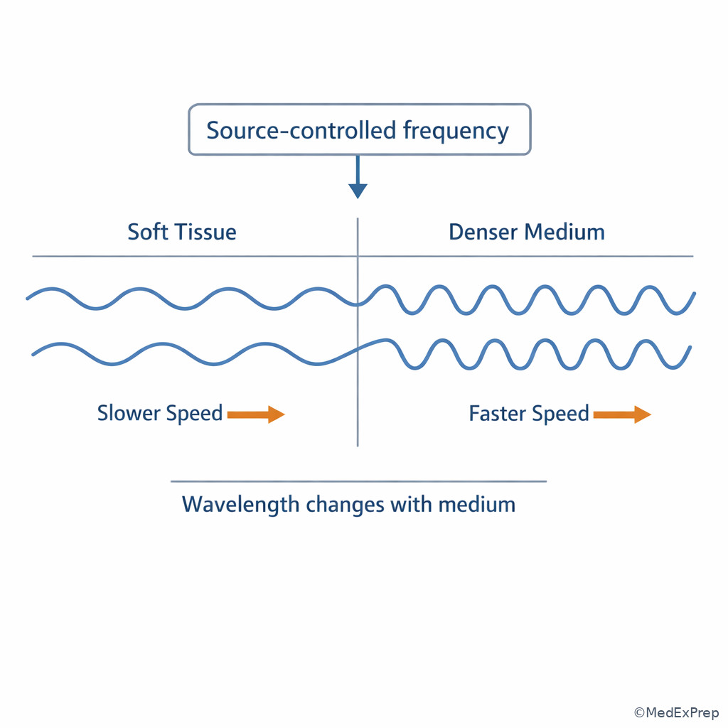 Ultrasound wave crossing two media with unchanged frequency labels