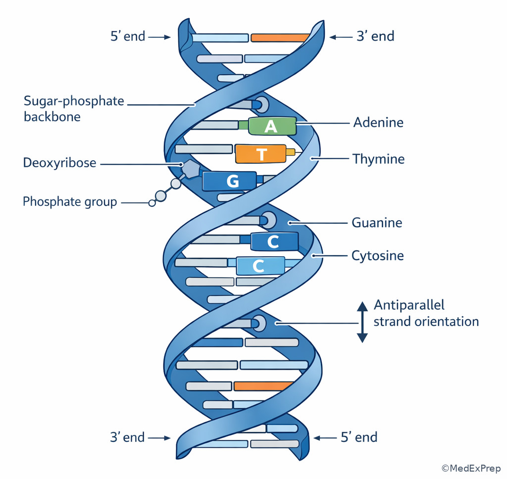 DNA double helix with labeled sugar-phosphate backbone and bases