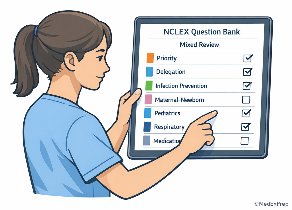 Priority-focused nurse reviewing mixed-case question bank