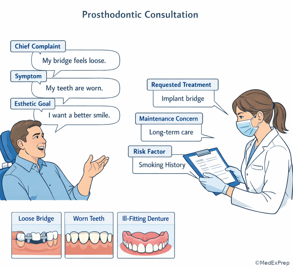 Intake interview with annotated prosthodontic complaint categories