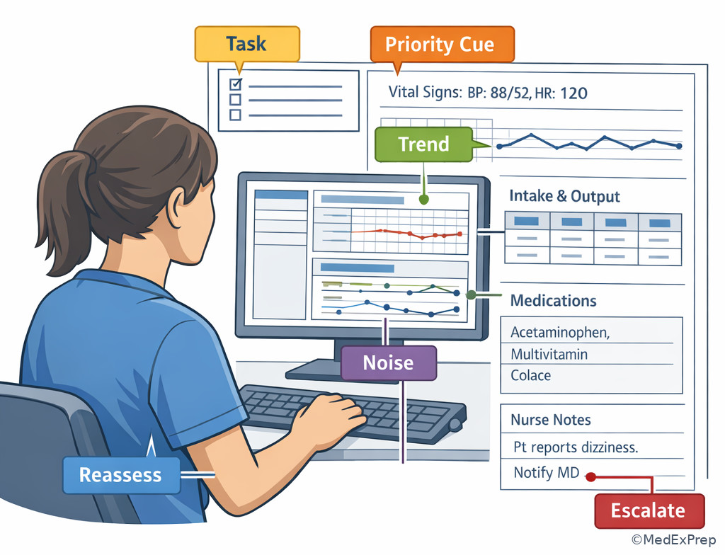 Adult med-surg nurse cue-filtering worksheet illustration