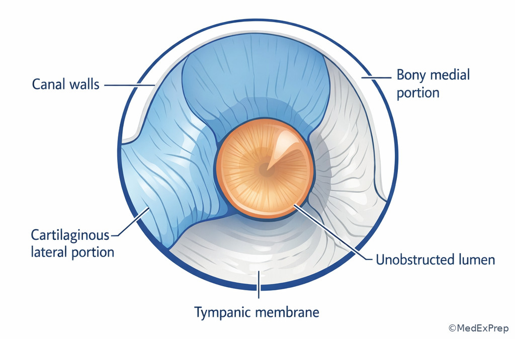 Otoscopic perspective of a normal external ear canal and tympanic membrane approach