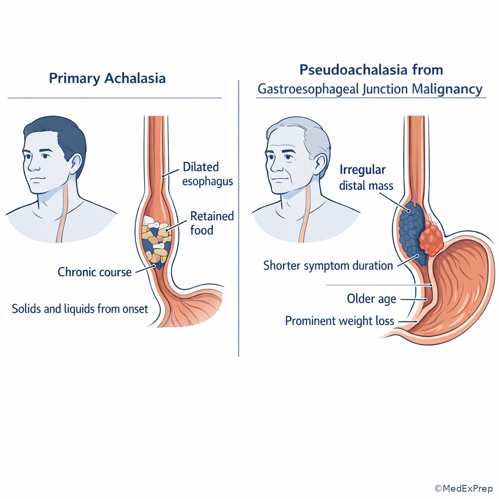 Pseudoachalasia versus primary achalasia comparison illustration