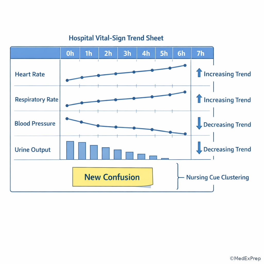 Vital-sign trend sheet with highlighted deterioration