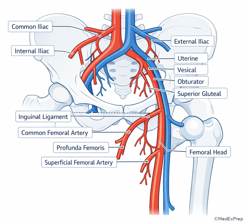 Fig 6. Common femoral access and pelvic branch landmarks