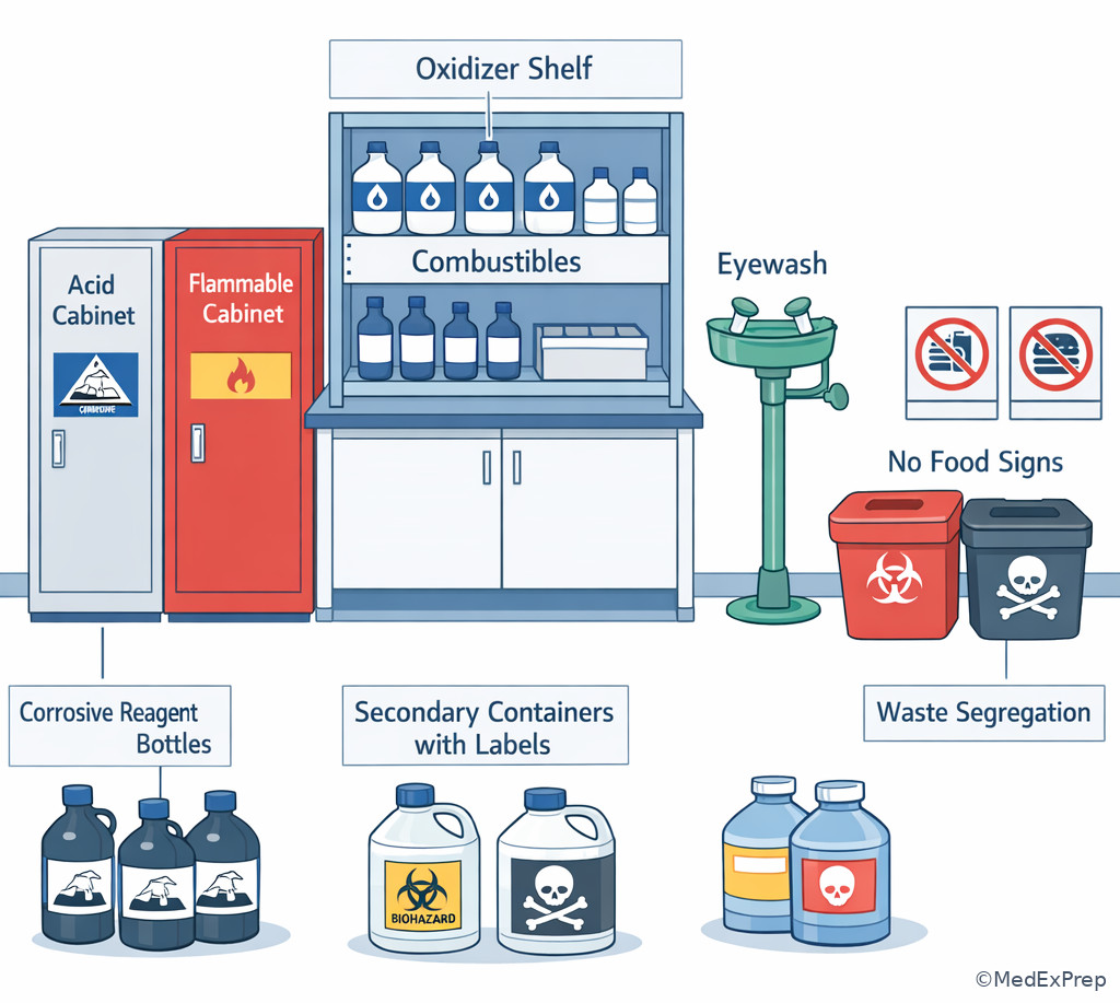 Chemistry bench hazard labels and storage zones