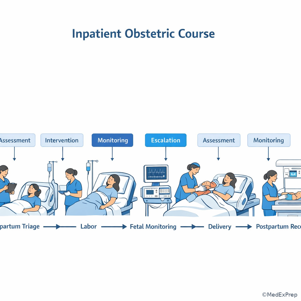 Timeline illustration from triage to postpartum and newborn transition