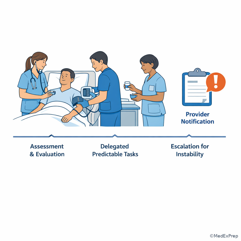 RN delegation and escalation bedside decision illustration