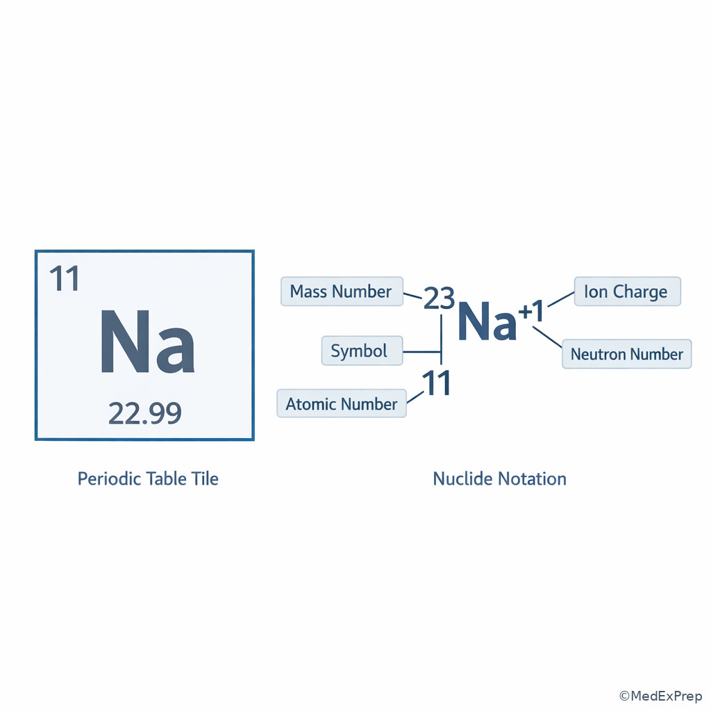 Labeled periodic-table style inset for atomic number and mass number