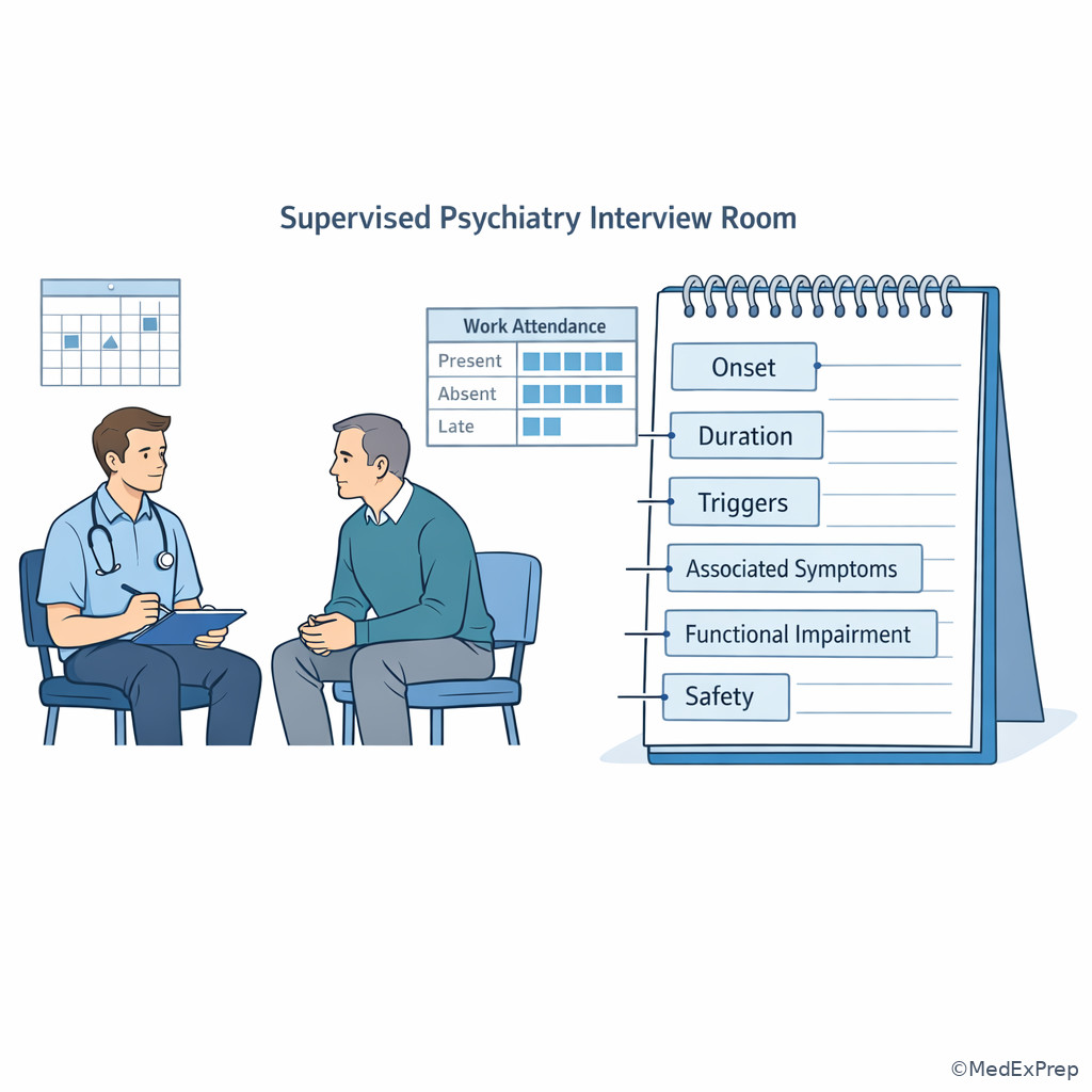 Psychiatric interview room with labeled timeline notes