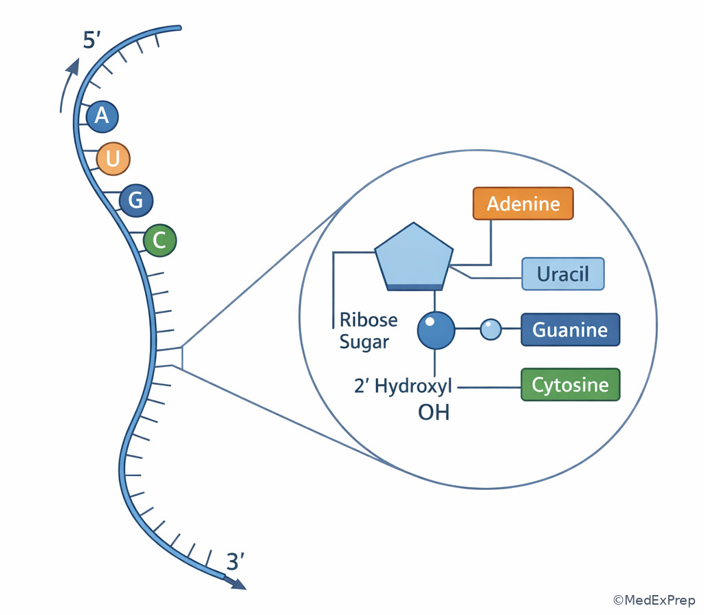 RNA strand with ribose and uracil labels