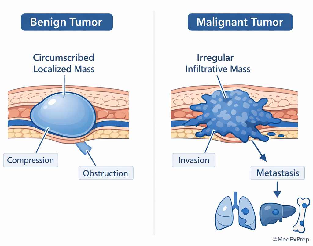Benign versus malignant growth behavior illustration