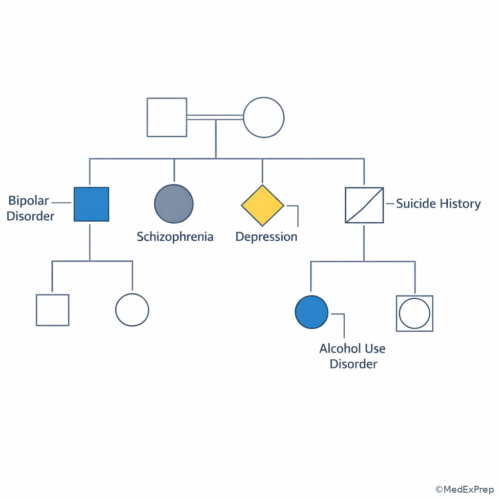 Family pedigree with mood, psychosis, and suicide history labels