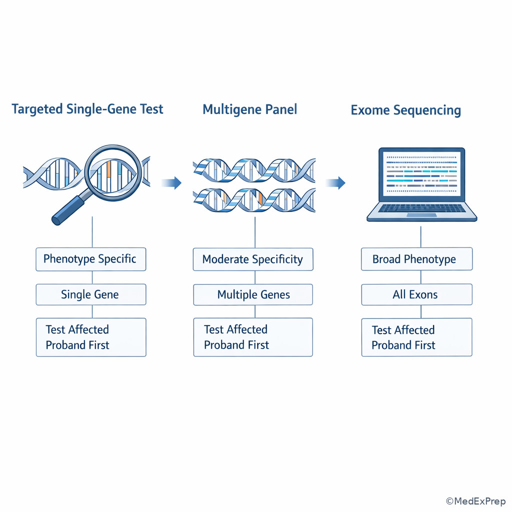 Genomic test selection illustration comparing targeted single-gene testing panel testing and exome sequencing