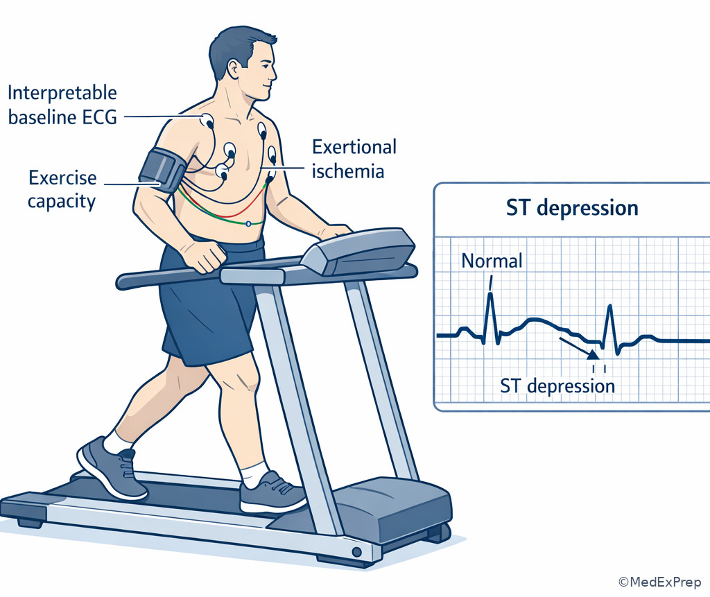 Exercise ECG setup and ischemic ST changes