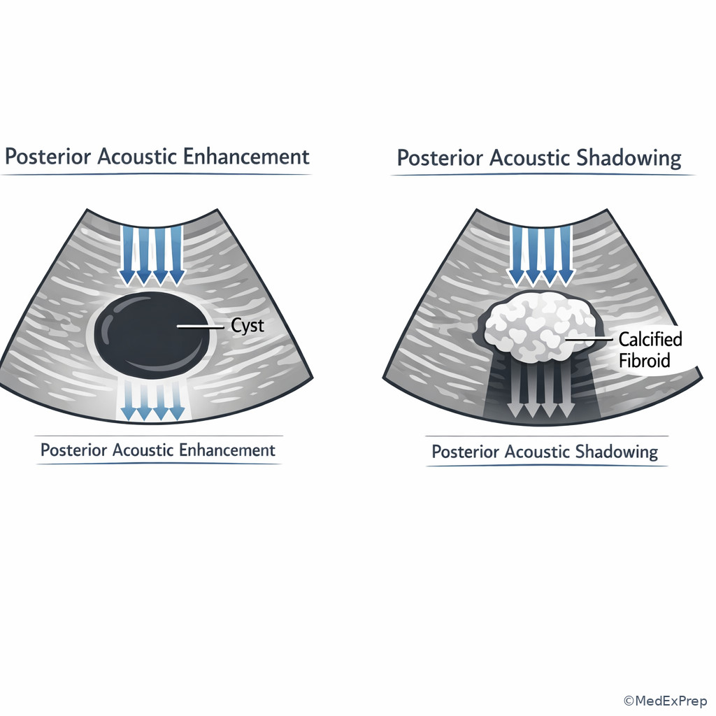 Posterior enhancement and shadowing comparison in pelvic imaging