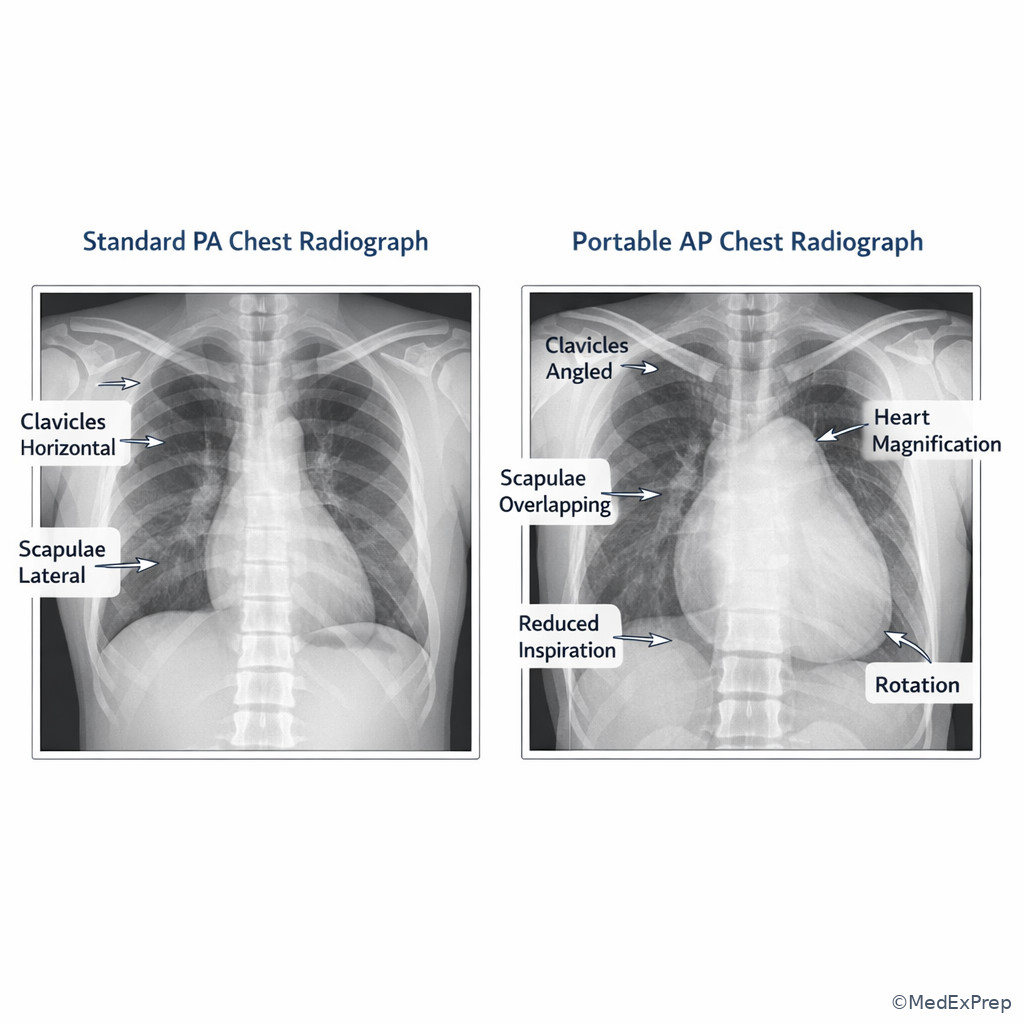 Fig 6. Side-by-side comparison of PA versus AP chest projection effects