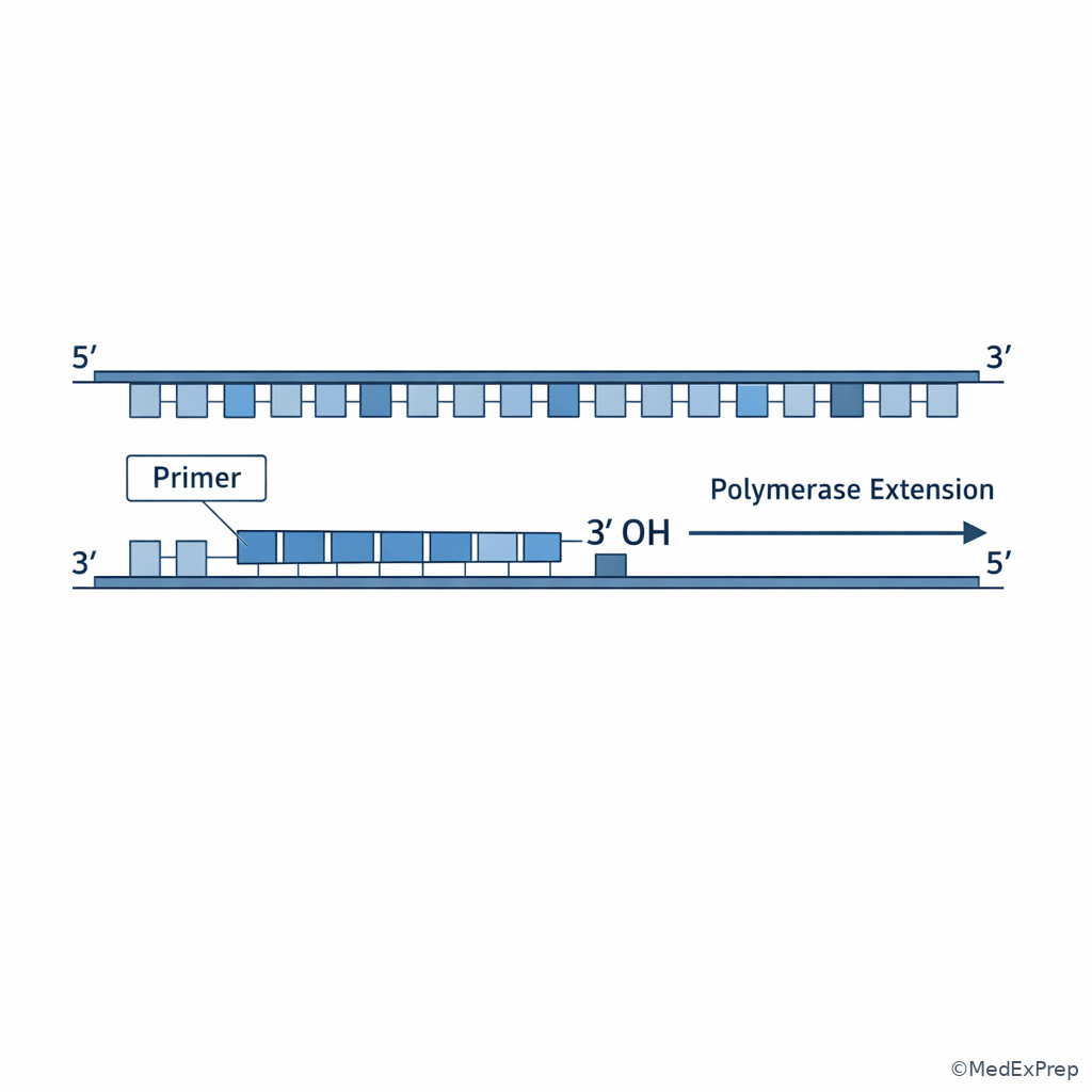 Primer-template orientation with labeled 5-prime and 3-prime ends