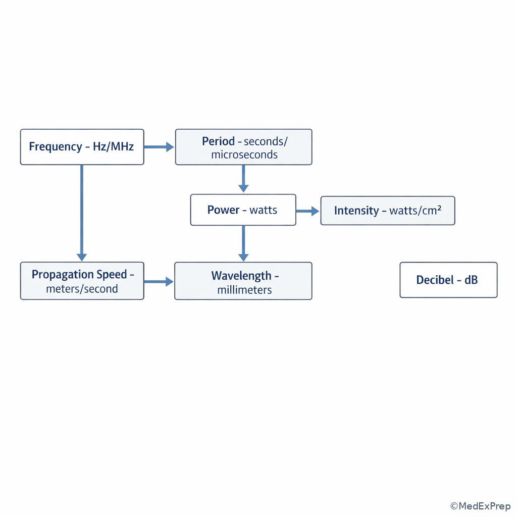 Labeled infographic of ultrasound physics units