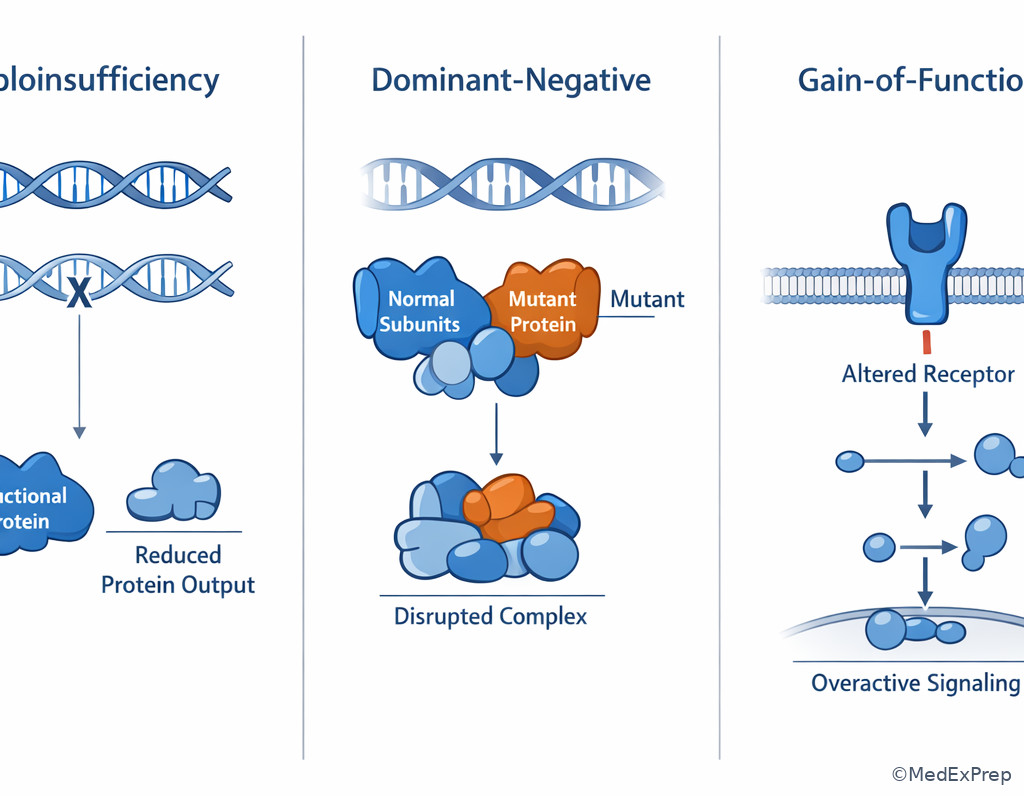 Labeled molecular mechanism panel comparing haploinsufficiency dominant-negative and gain-of-function effects