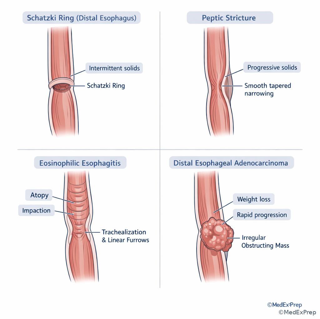 Adult esophagus panel showing ring, peptic stricture, eosinophilic rings, and distal tumor