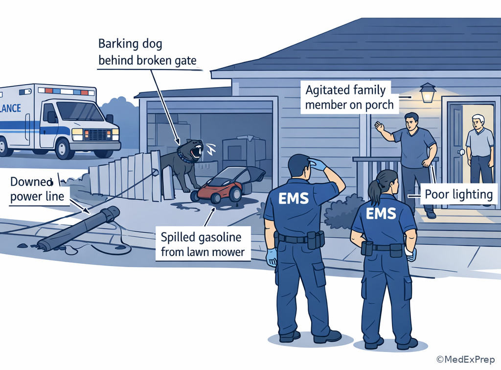 Approaching a residential EMS scene with visible hazards