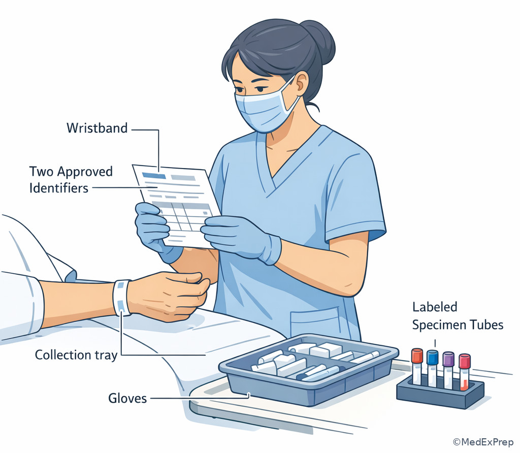 Phlebotomy technician at bedside verifying wristband and requisition before venipuncture