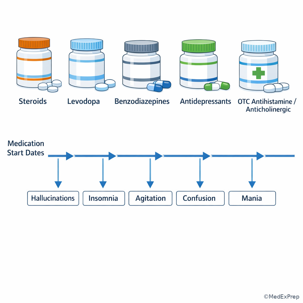 Medication bottles and timeline chart for psychiatric symptom onset