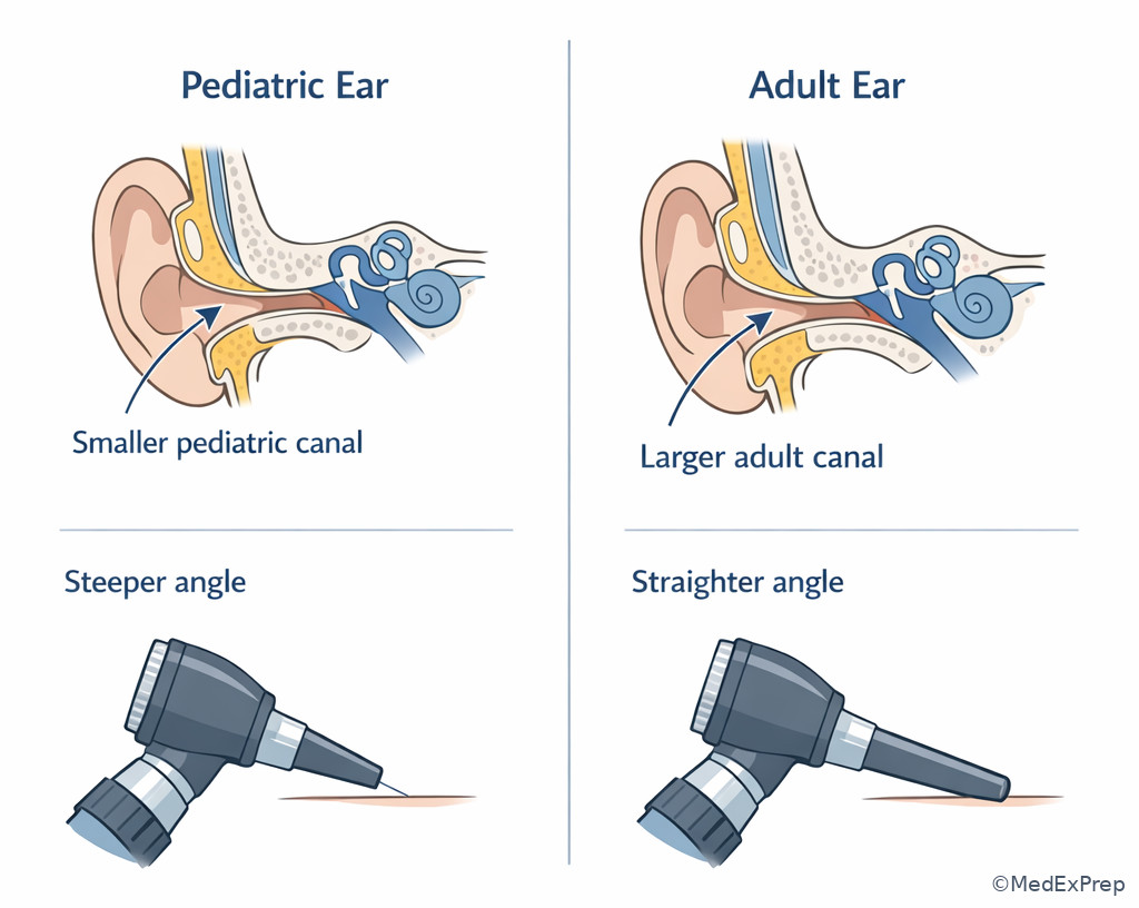 Pediatric and adult external ear comparison for examination planning