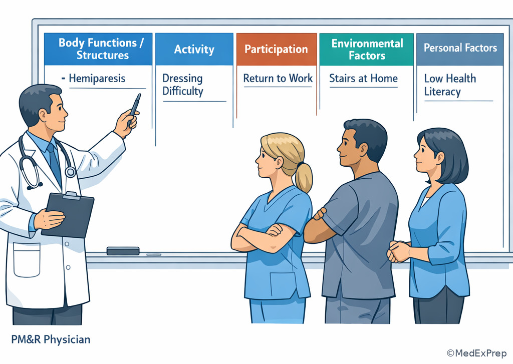 Rehabilitation team discussion using ICF layers