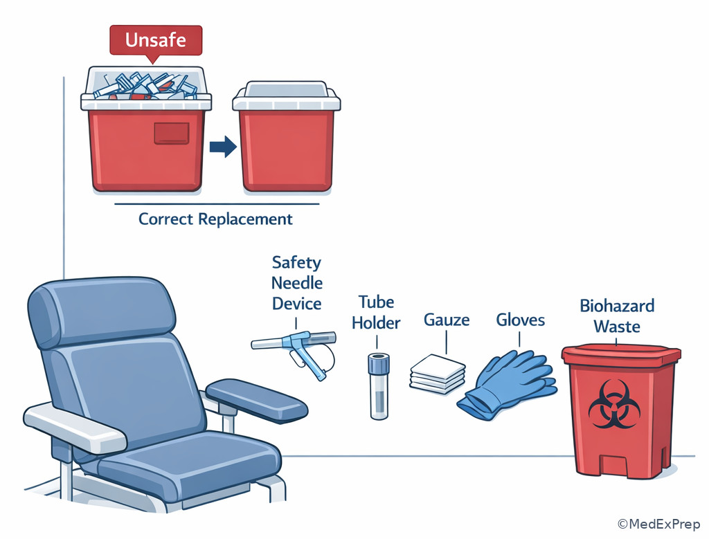 Sharps disposal station for phlebotomy