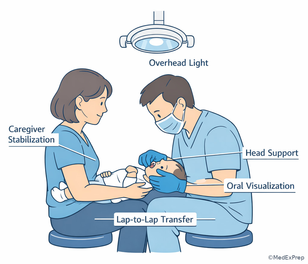 Fig 2. Knee-to-knee infant oral examination setup